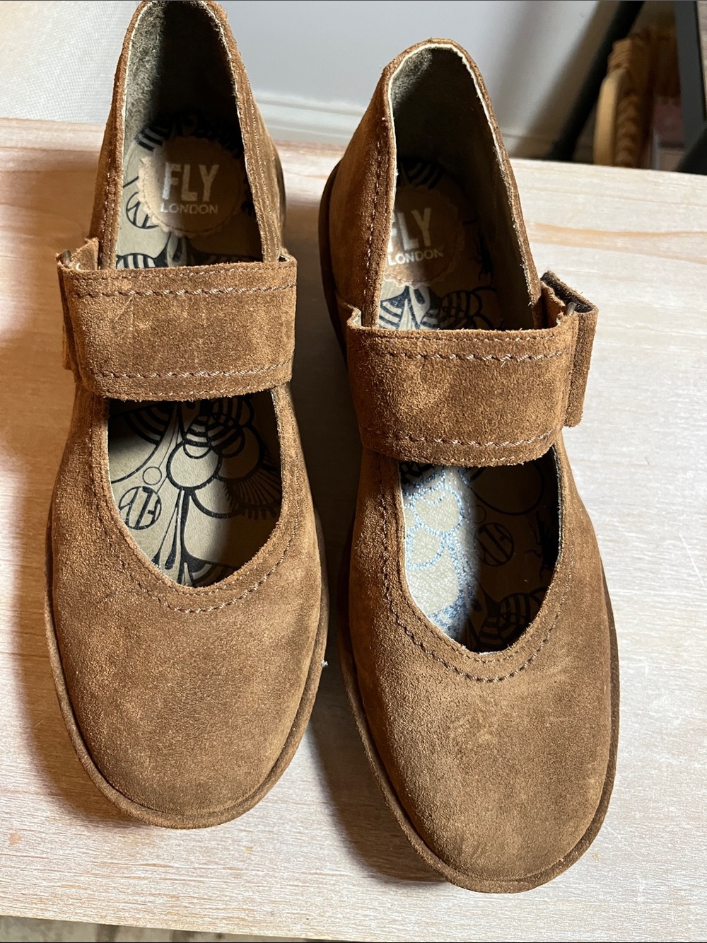 Fly London Caramel Brown Suede Maryjane wedges
